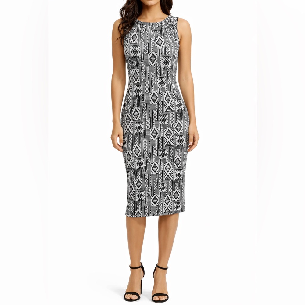 Women’s Size M Dress Black and White Bodycon Tribal Geometric Aztec Knee Length